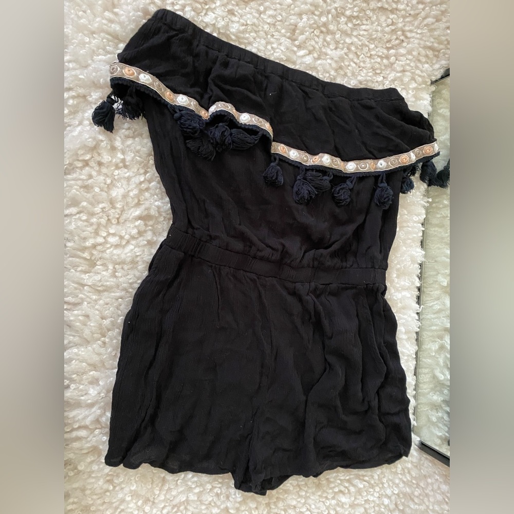 Strapless black coverup romper with pockets